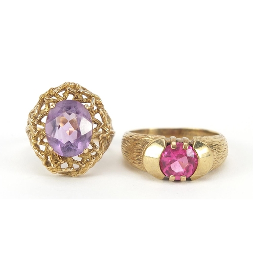 232 - Two 9ct gold rings set with purple and pink stones, sizes O and U, 11.7g