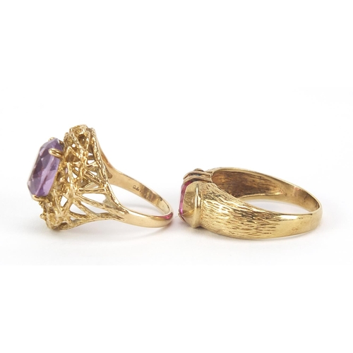 232 - Two 9ct gold rings set with purple and pink stones, sizes O and U, 11.7g