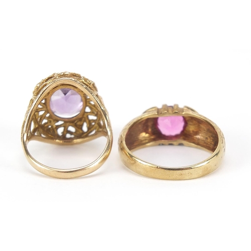 232 - Two 9ct gold rings set with purple and pink stones, sizes O and U, 11.7g