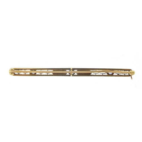 165 - Art Deco 14ct gold and platinum sapphire bar brooch, 6.5cm wide, 4.2g