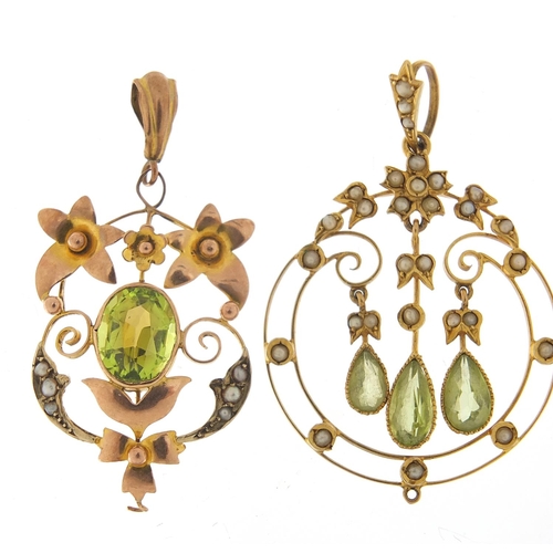 153 - Three Art Nouveau gold pendants set with peridot, seed pearls and opal, the largest 4.4cm high, tota... 