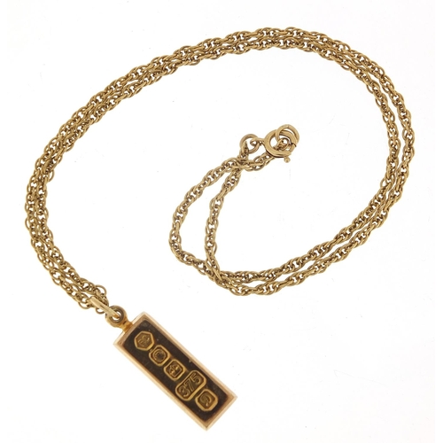 233 - 9ct gold ingot pendant on a 9ct gold necklace, 2.7cm high and 41cm in length, total 12.6g