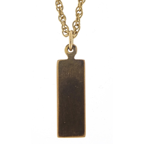 233 - 9ct gold ingot pendant on a 9ct gold necklace, 2.7cm high and 41cm in length, total 12.6g