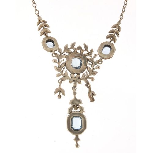 407 - Art Deco unmarked silver blue and clear paste necklace, 40cm in length, 12.9g