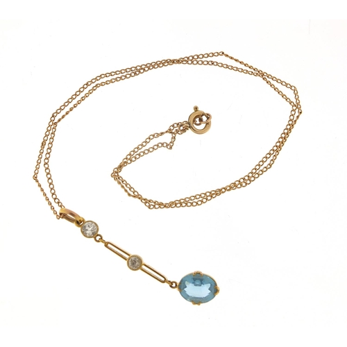 76 - 9ct gold white sapphire and blue stone pendant on a 9ct gold necklace, 4cm high and 42cm in length, ... 