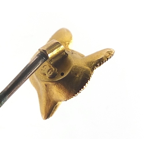 222 - Two Victorian unmarked gold fox head stick pins, the largest 6cm in length, total 3.0g