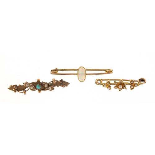 229 - Three Victorian and later bar brooches set with turquoise, seed pearls and opal, the largest 4.5cm w... 