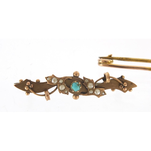 229 - Three Victorian and later bar brooches set with turquoise, seed pearls and opal, the largest 4.5cm w... 