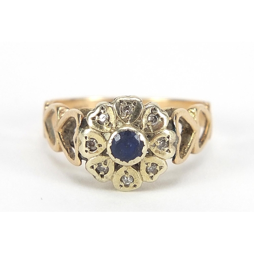 352 - 9ct gold sapphire and diamond ring with love heart shoulders, size P, 2.7g