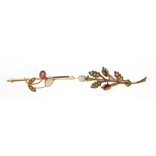 160 - Two 9ct gold bar brooches set with ruby, seed pearls, garnets and opals, the larges 4.5cm wide, tota... 