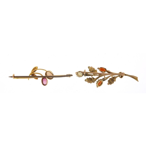 160 - Two 9ct gold bar brooches set with ruby, seed pearls, garnets and opals, the larges 4.5cm wide, tota... 