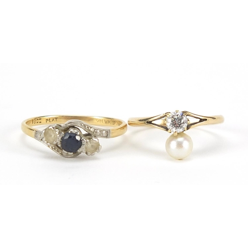 376 - 18ct gold sapphire and clear stone crossover ring and a 9ct gold clear stone and simulated pearl rin... 