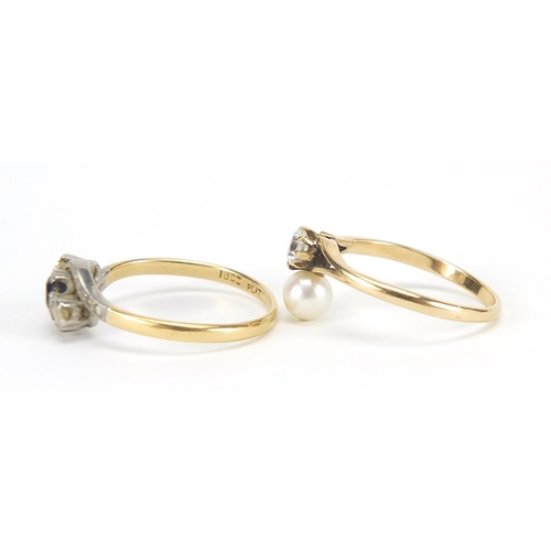 376 - 18ct gold sapphire and clear stone crossover ring and a 9ct gold clear stone and simulated pearl rin... 