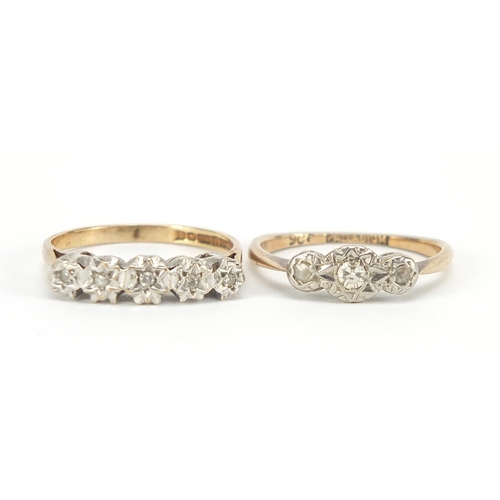 181 - Two 9ct gold diamond rings, size N, 3.8g