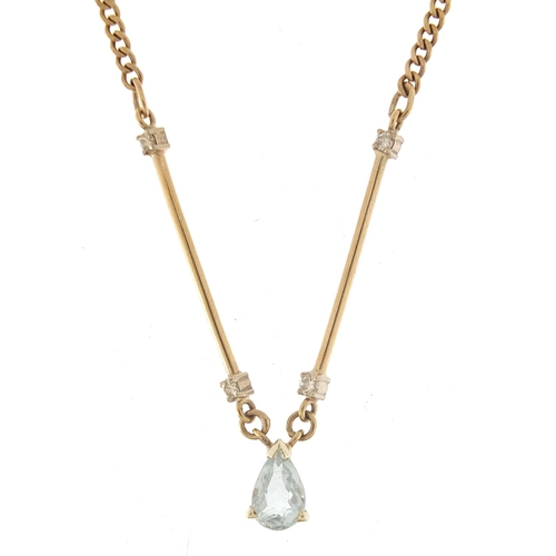 296 - 9ct gold blue stone and diamond necklace, possibly aquamarine, 46cm in length, 4.2g