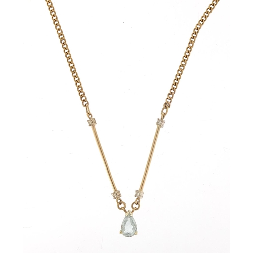 296 - 9ct gold blue stone and diamond necklace, possibly aquamarine, 46cm in length, 4.2g