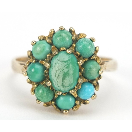 370 - Antique design 9ct gold turquoise cluster ring, size N/O, 3.7g