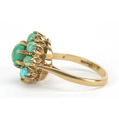 370 - Antique design 9ct gold turquoise cluster ring, size N/O, 3.7g