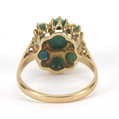 370 - Antique design 9ct gold turquoise cluster ring, size N/O, 3.7g