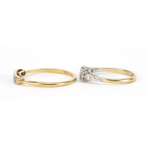 310 - Two 18ct gold and platinum diamond rings, sizes L and T, total 4.8g