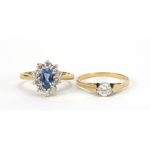 329 - Two 9ct gold rings set with blue and clear stones, sizes P and M, 5.2g