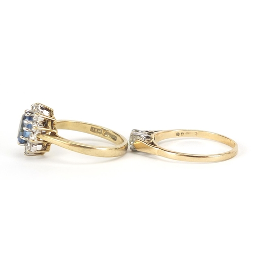 329 - Two 9ct gold rings set with blue and clear stones, sizes P and M, 5.2g