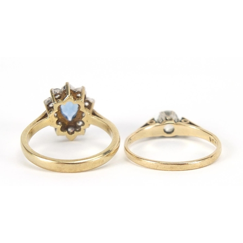 329 - Two 9ct gold rings set with blue and clear stones, sizes P and M, 5.2g