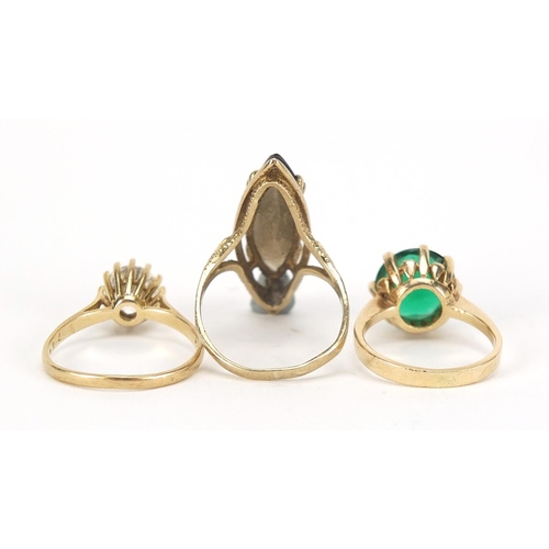 176 - Three 9ct gold rings set with colourful stones, sizes I and N, 9.0g