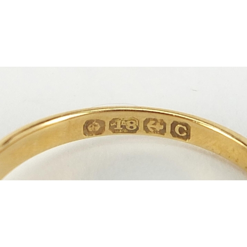 364 - 18ct gold signet ring and 18ct gold diamond three stone crossover ring, sizes L and P, 6.1g