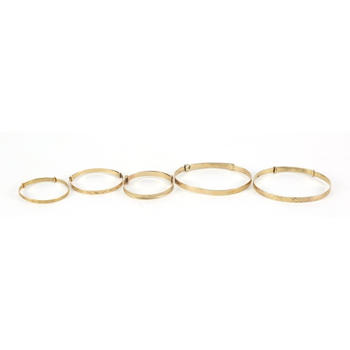 180 - Five 9ct gold christening bracelets, the largest 6cm in diameter, total 17.2g