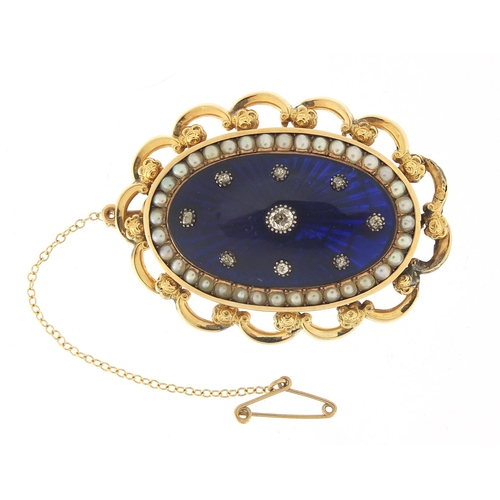 2 - Antique unmarked gold, diamond, seed pearl and blue enamel brooch, the central diamond approximately... 