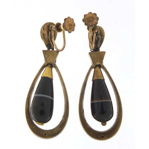 148 - Pair of antique agate and black enamel drop earrings with 9ct gold screw backs, 3.8cm high, 7.0g