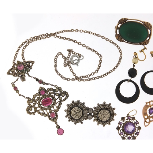 187 - Antique and later jewellery including marcasite and pink stone necklace, mother of pearl earrings, u... 