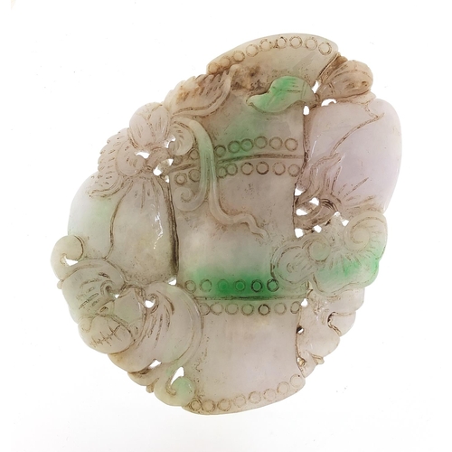 2453 - Chinese white and green jade panel carved with flowers, 10cm wide