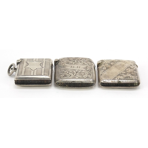 697 - Three Victorian silver vestas with engine turned and engraved decoration, Birmingham hallmarks, the ... 