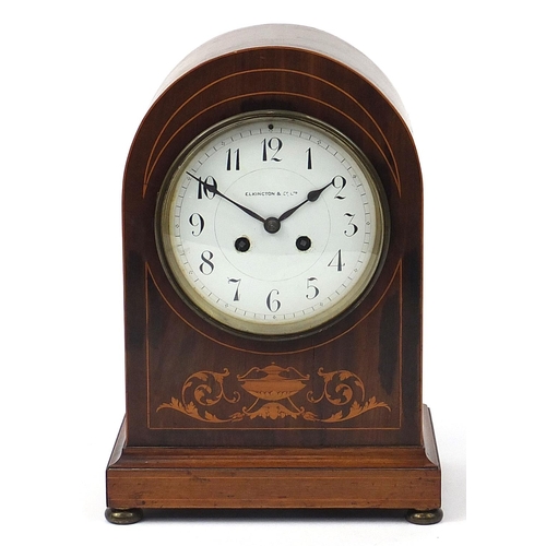 645 - Elkington & Co, Edwardian inlaid mahogany dome top mantle clock striking on a gong with enamel dial ... 