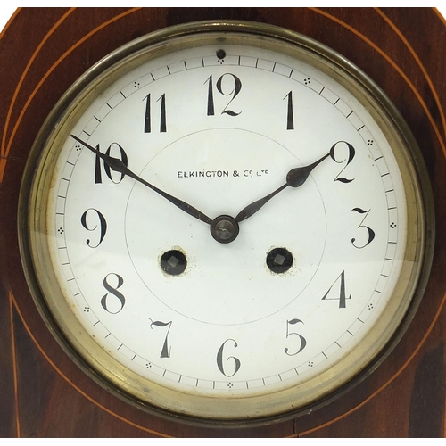 645 - Elkington & Co, Edwardian inlaid mahogany dome top mantle clock striking on a gong with enamel dial ... 