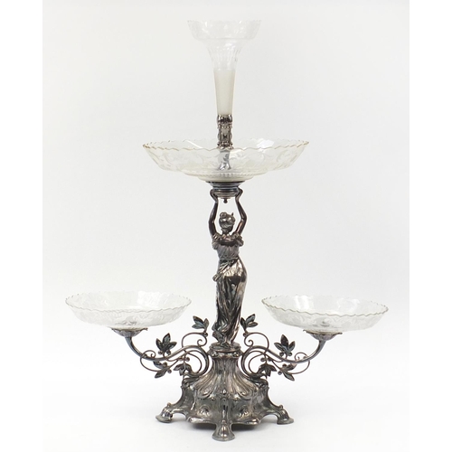 727 - WMF, large and impressive German Art Nouveau silver plated figural comport with cut glass flute and ... 