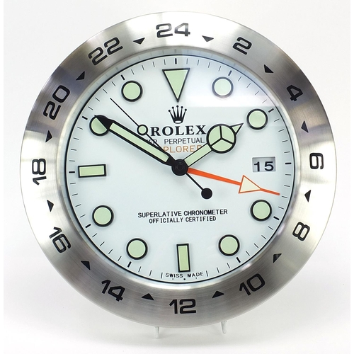 970 - Rolex Explorer II design dealer's display wall clock, 34cm in diameter