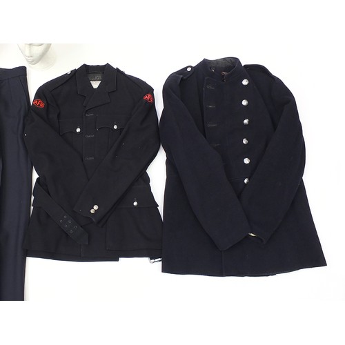 3506 - Three vintage Fireman's uniforms and two hats, one with remnants of paper label