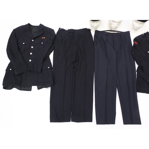 3506 - Three vintage Fireman's uniforms and two hats, one with remnants of paper label