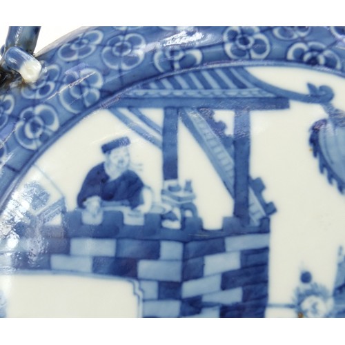 516 - Large Chinese blue and white porcelain moon flask hand painted with warriors in a palace setting, fo... 