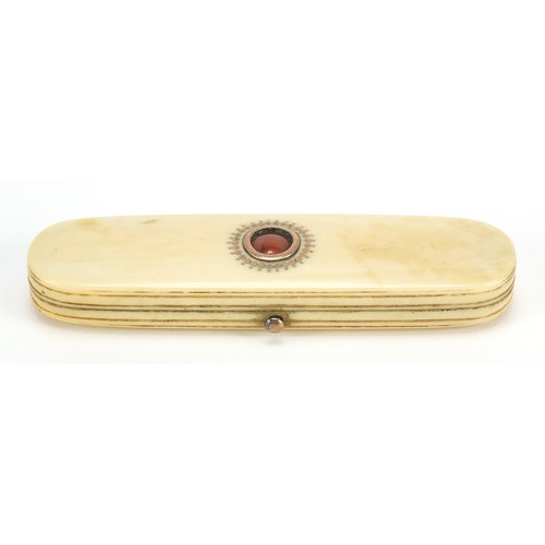 504 - George III ivory and gold pique work tooth pick case, 8.5cm wide