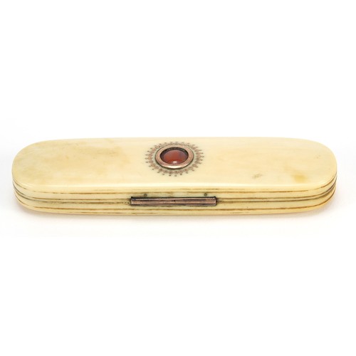 504 - George III ivory and gold pique work tooth pick case, 8.5cm wide