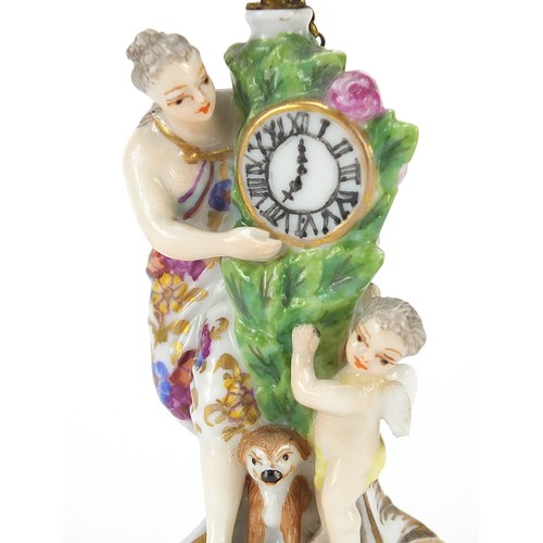 502 - Antique Chelsea style figural scent bottle with bird stopper, 8.5cm high