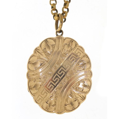 168 - Victorian 9ct gold front and back mourning locket and two gilt metal necklaces, the locket 3.5cm hig... 