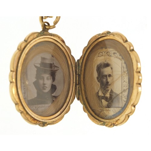 168 - Victorian 9ct gold front and back mourning locket and two gilt metal necklaces, the locket 3.5cm hig... 