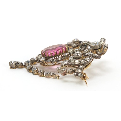 7 - Impressive 19th century diamond and pink sapphire pendant brooch set with approximately one hundred ... 