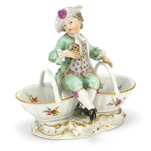 688 - Meissen, 19th century German porcelain figural sweetmeat dish of a young boy hand painted with flowe... 