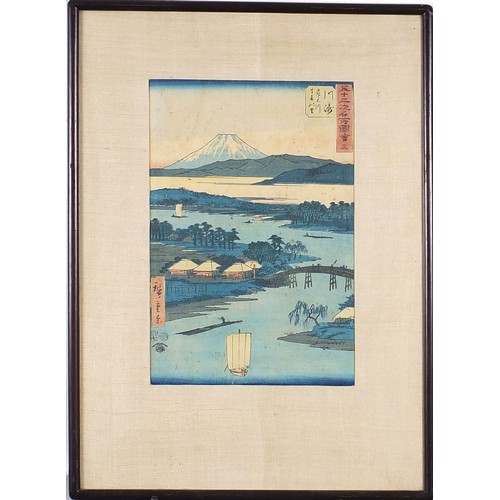 721 - River before Mount Fuji, Japanese woodblock print in colour with character marks, Tai Loong label ve... 